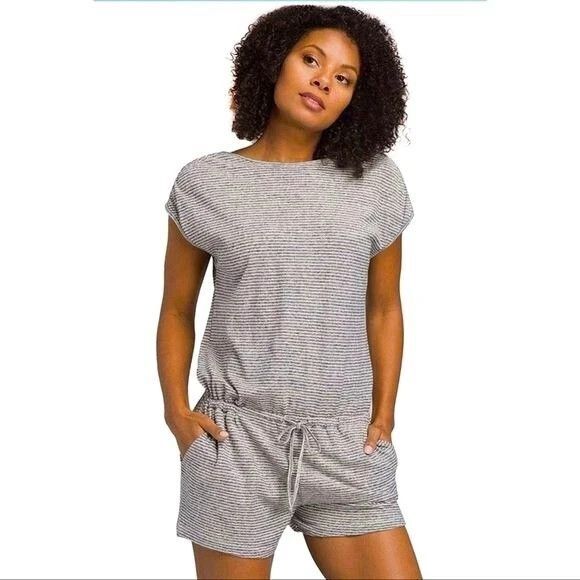 PRANA  Retrieve Romper Shorts Hemp/Cotton L Blue cream pockets knit active - Picture 1 of 6
